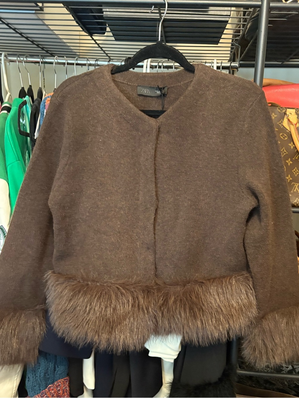 Zara Brown Faux-Fur Trim Teddy Jacket